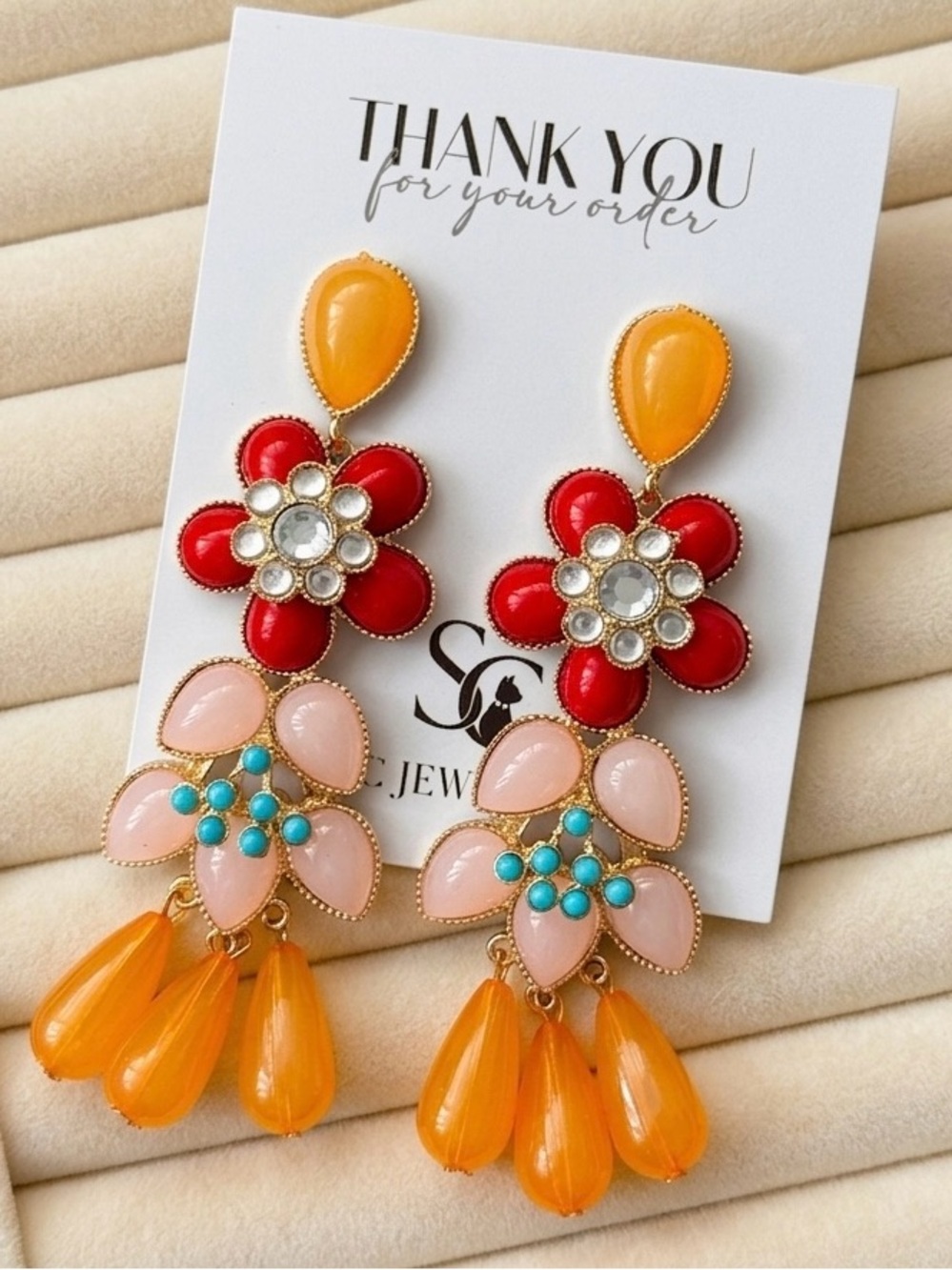 ZARA STYLE WOMAN METAL DANGLE BEADED FLORAL EARRINGS WITH RHINESTONES